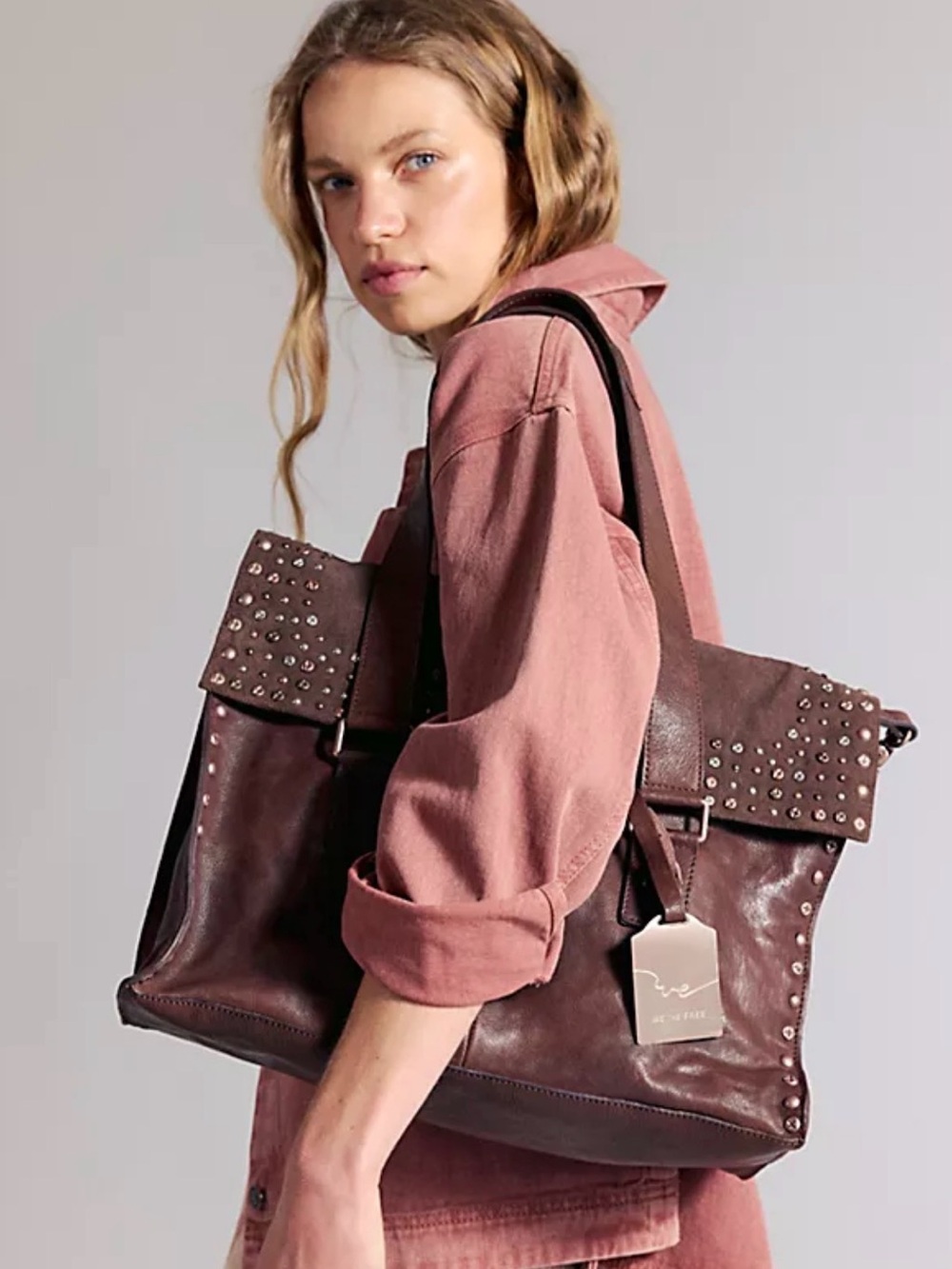 Free People We The Free Shay Stud Tote Leather Suede Espresso Brown NWOT $298 - Picture 11 of 16